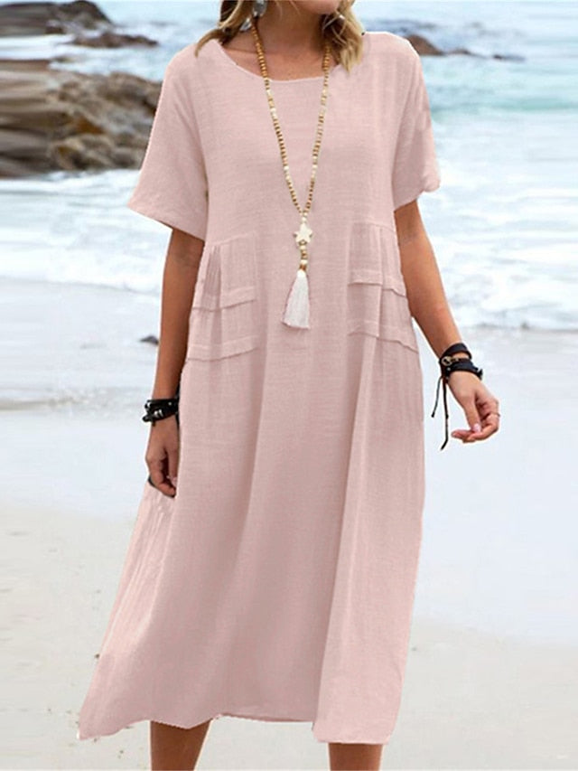 Women's Cotton Linen Midi Dress Round Neck Casual Summer Wear
