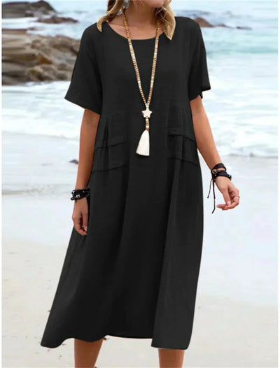 Women's Cotton Linen Midi Dress Round Neck Casual Summer Wear