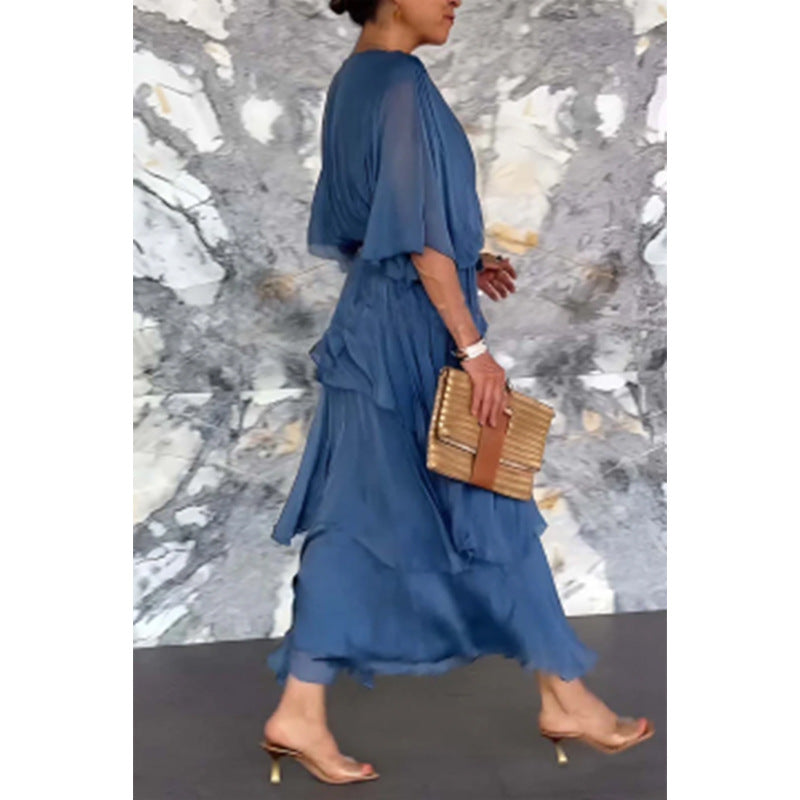 Elegant Wrap Waist Tie Dress V Neck Layered Style