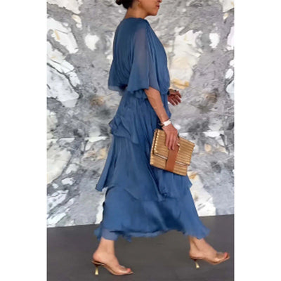Elegant Wrap Waist Tie Dress V Neck Layered Style
