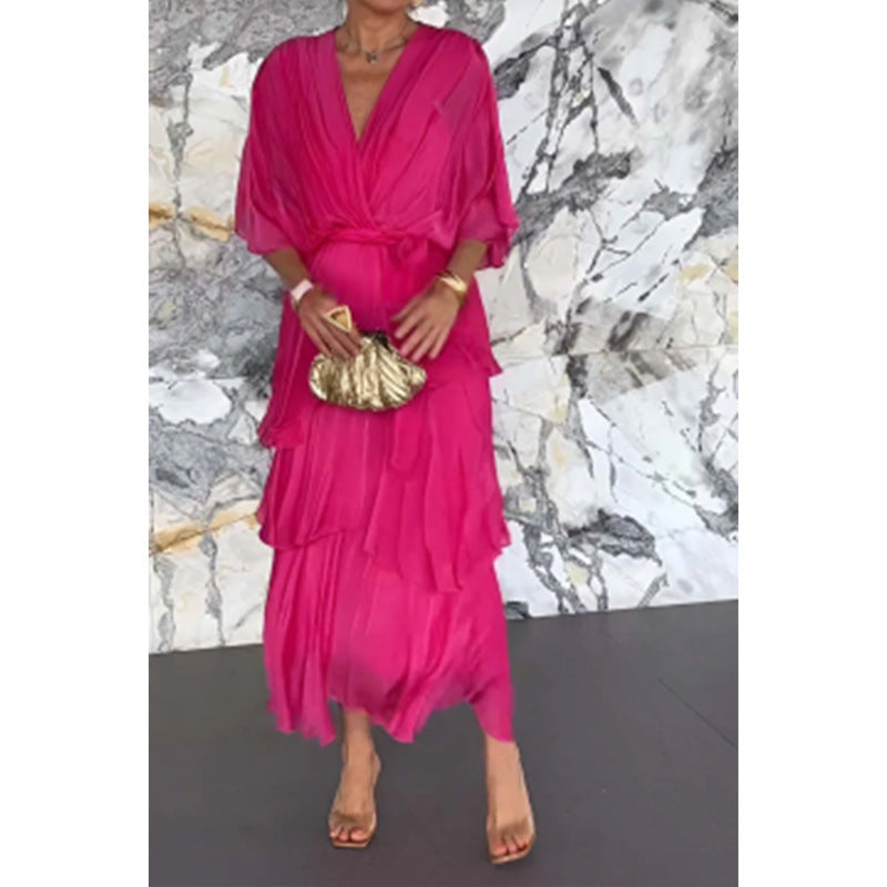 Elegant Wrap Waist Tie Dress V Neck Layered Style