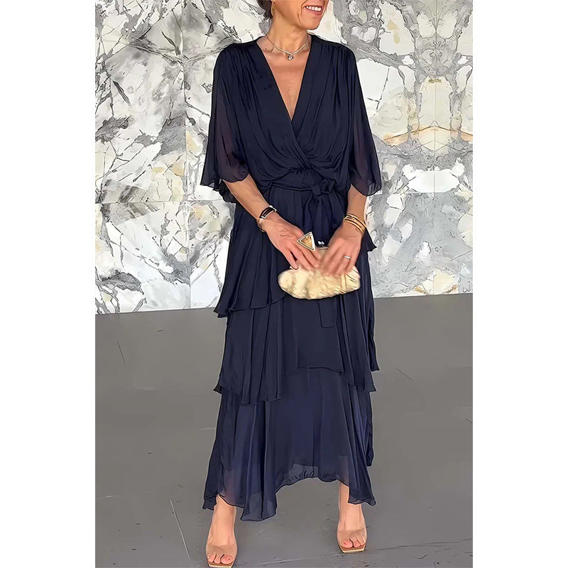 Elegant Wrap Waist Tie Dress V Neck Layered Style