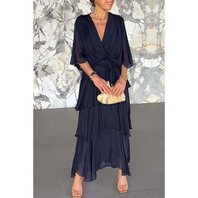 Elegant Wrap Waist Tie Dress V Neck Layered Style