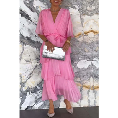 Elegant Wrap Waist Tie Dress V Neck Layered Style