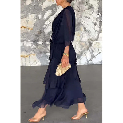 Elegant Wrap Waist Tie Dress V Neck Layered Style