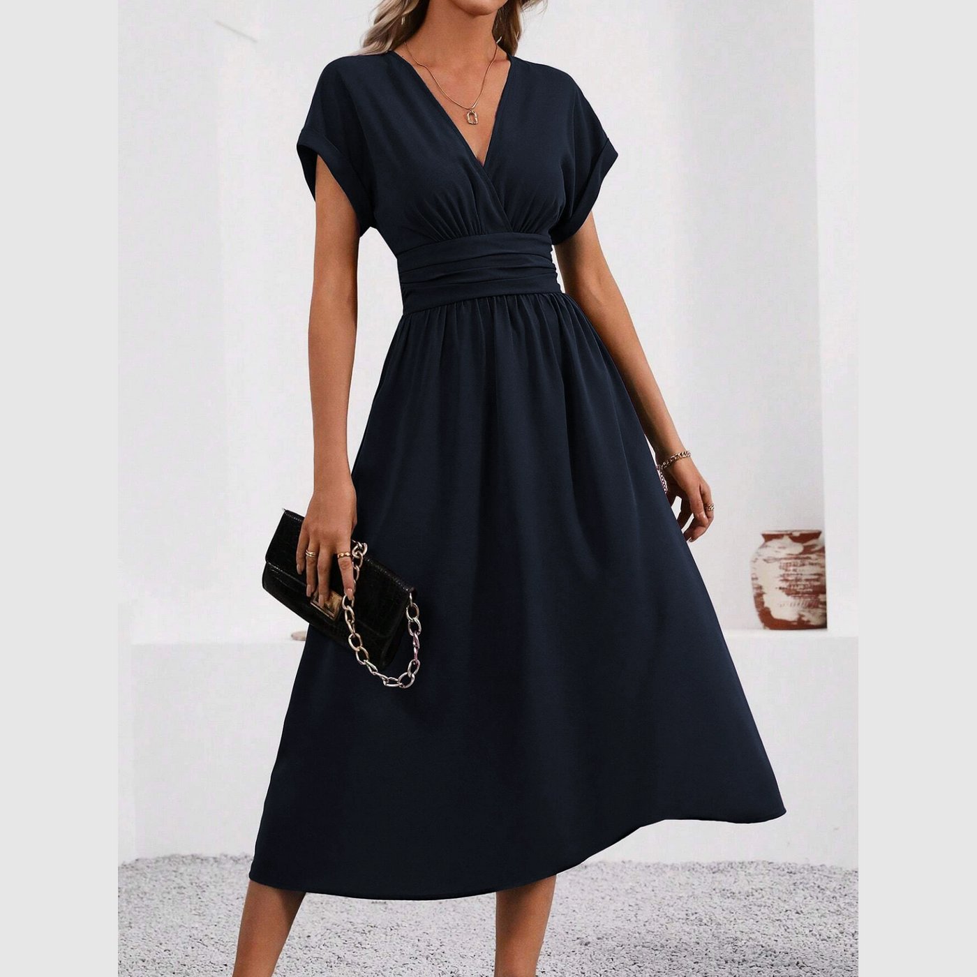 Women's V-neck Dress With Nipped-in Waist Elegant Design