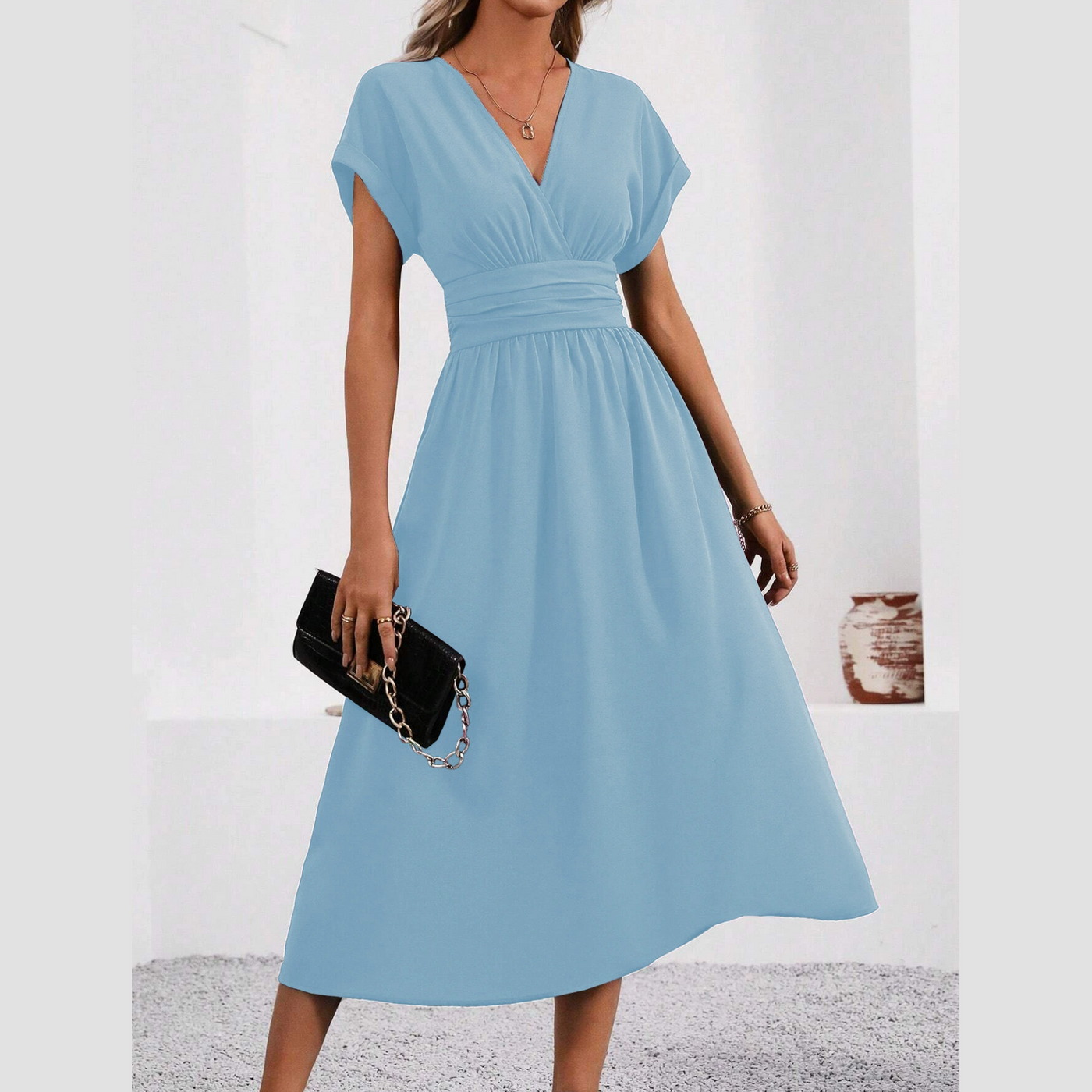 Women's V-neck Dress With Nipped-in Waist Elegant Design