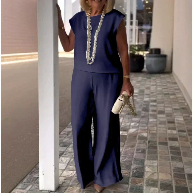Women's Sleeveless Top And Pants Set Comfortable Crew Neck Outfit
