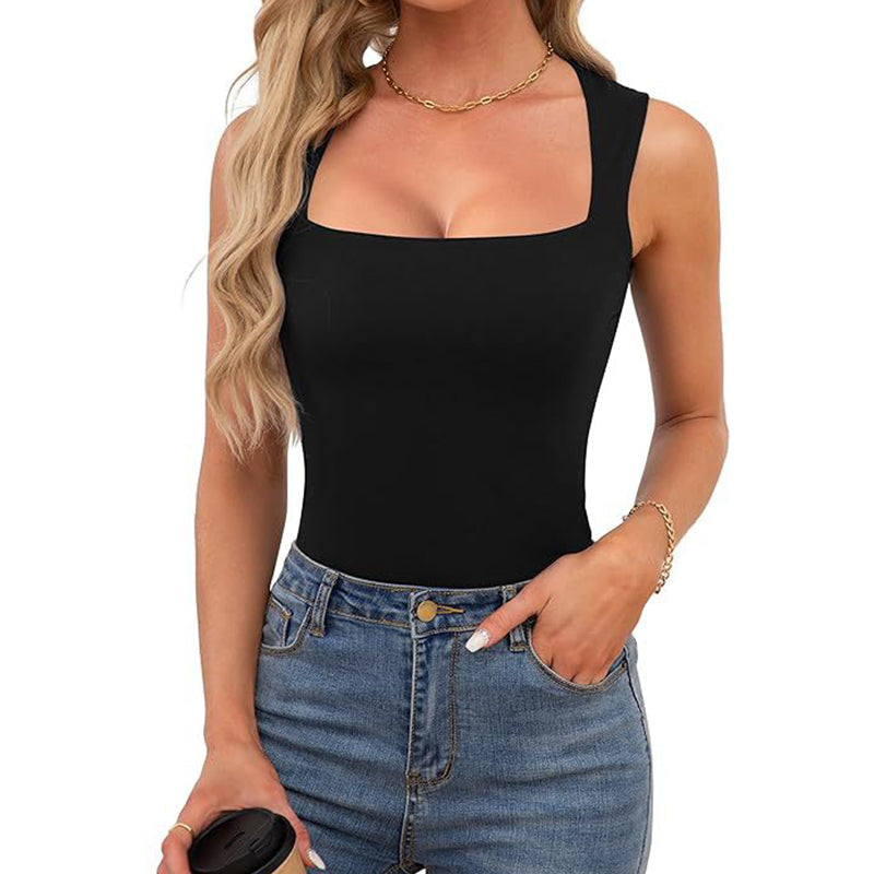 Women's Square Neck Tank Top Sleeveless Double Layer Summer Shirt