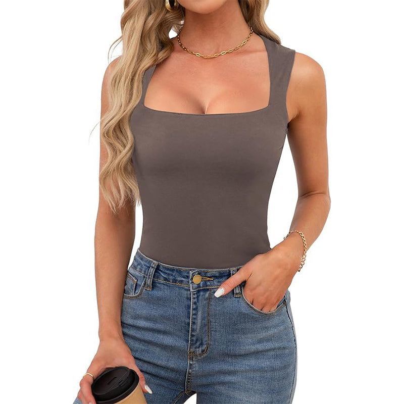 Women's Square Neck Tank Top Sleeveless Double Layer Summer Shirt