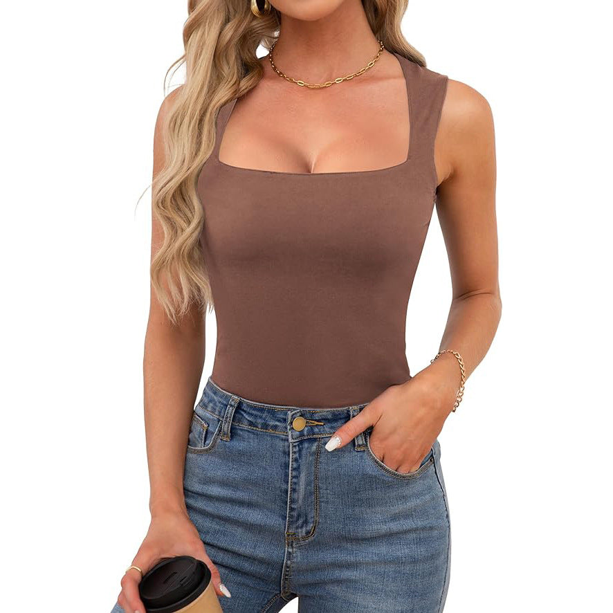 Women's Square Neck Tank Top Sleeveless Double Layer Summer Shirt