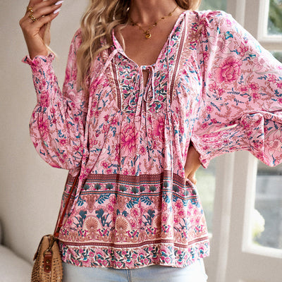 Women's V Neck Long Sleeve Shirt Printed Stylish Fashion Top