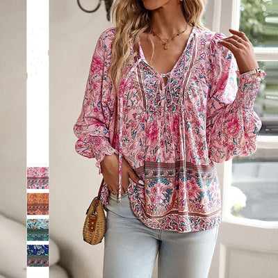 Women's V Neck Long Sleeve Shirt Printed Stylish Fashion Top