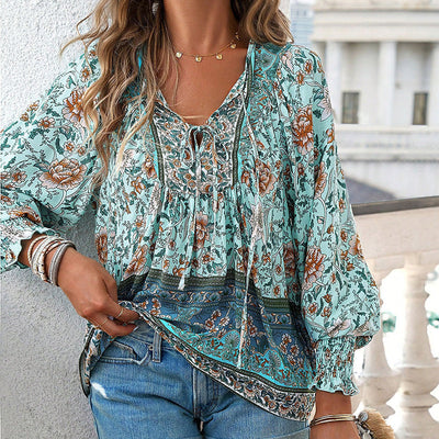 Women's V Neck Long Sleeve Shirt Printed Stylish Fashion Top