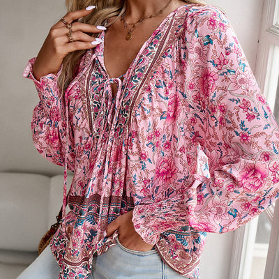 Women's V Neck Long Sleeve Shirt Printed Stylish Fashion Top