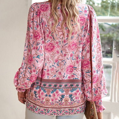 Women's V-Neck Long Sleeve Shirt Stylish Printed Fashion Top