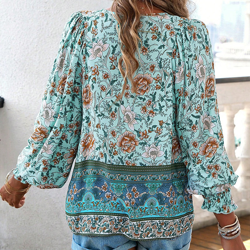 Women's V Neck Long Sleeve Shirt Printed Stylish Fashion Top