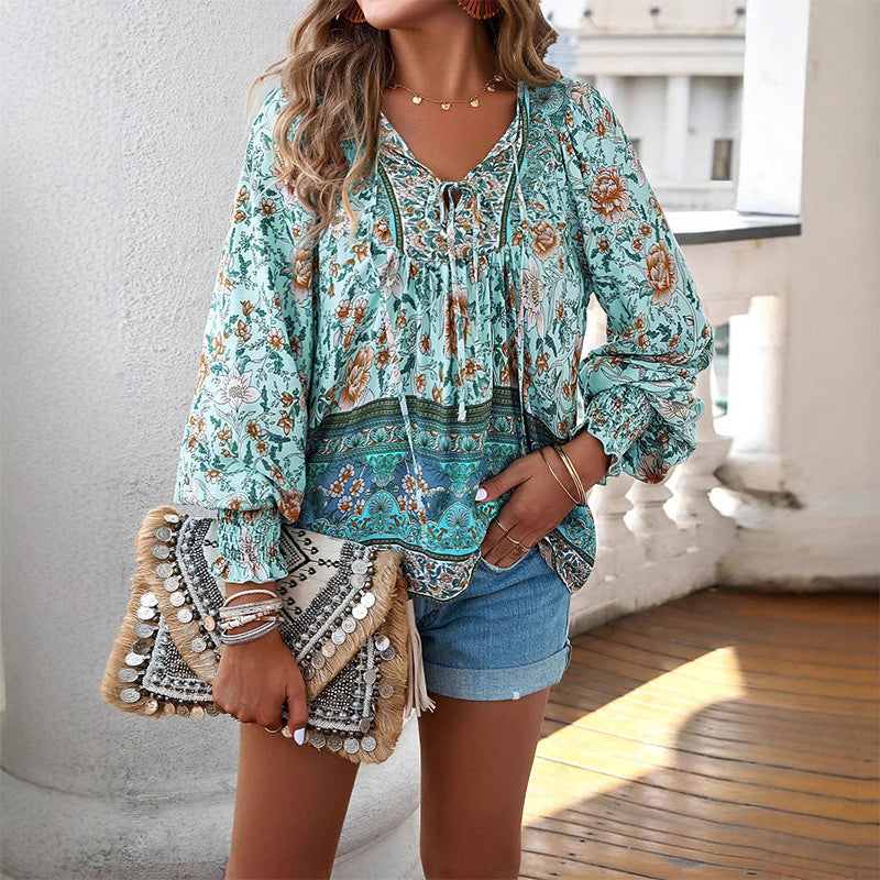 Women's V Neck Long Sleeve Shirt Printed Stylish Fashion Top