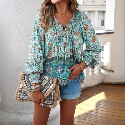Women's V Neck Long Sleeve Shirt Printed Stylish Fashion Top