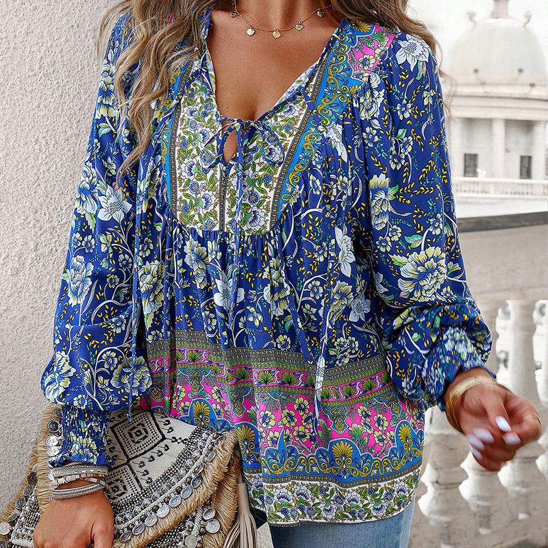 Women's V-Neck Long Sleeve Shirt Stylish Printed Fashion Top