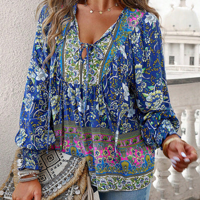 Women's V-Neck Long Sleeve Shirt Stylish Printed Fashion Top