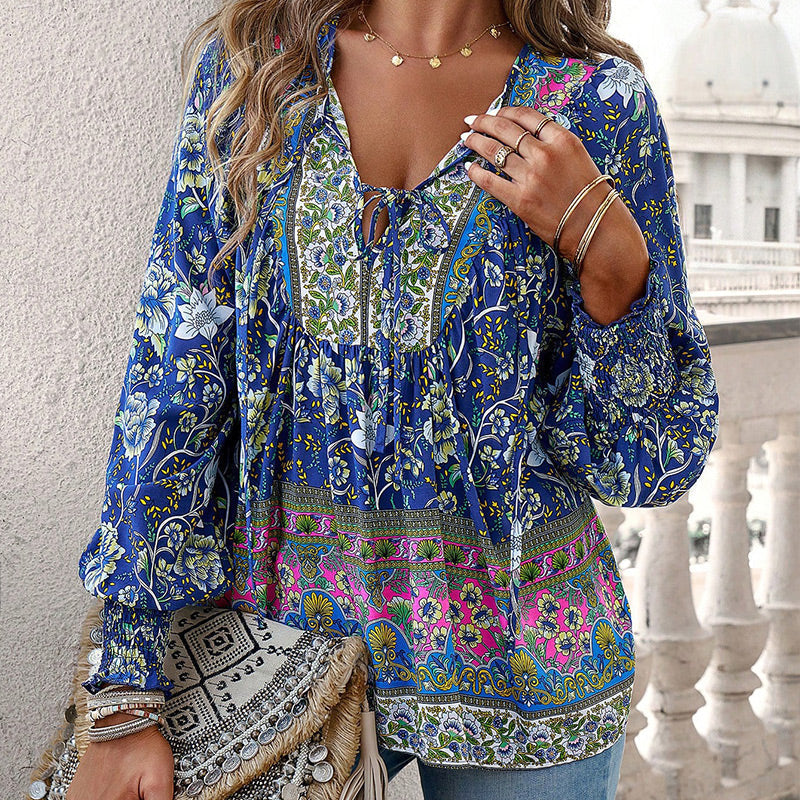 Women's V-Neck Long Sleeve Shirt Stylish Printed Fashion Top