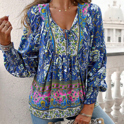 Women's V-Neck Long Sleeve Shirt Stylish Printed Fashion Top