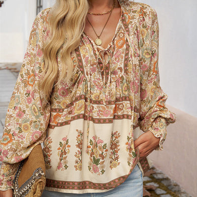 Women's V-Neck Long Sleeve Shirt Stylish Printed Fashion Top