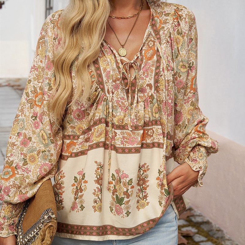 Women's V Neck Long Sleeve Shirt Printed Stylish Fashion Top