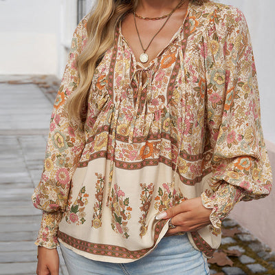 Women's V-Neck Long Sleeve Shirt Stylish Printed Fashion Top