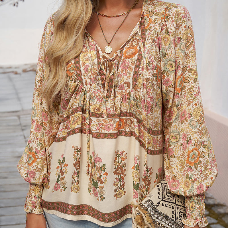 Women's V Neck Long Sleeve Shirt Printed Stylish Fashion Top