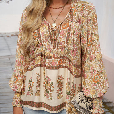 Women's V Neck Long Sleeve Shirt Printed Stylish Fashion Top