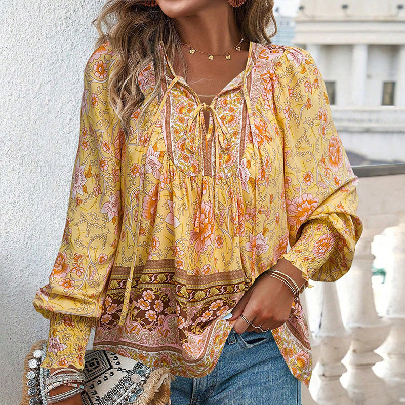 Women's V-Neck Long Sleeve Shirt Stylish Printed Fashion Top
