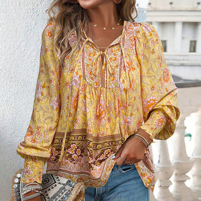 Women's V Neck Long Sleeve Shirt Printed Stylish Fashion Top
