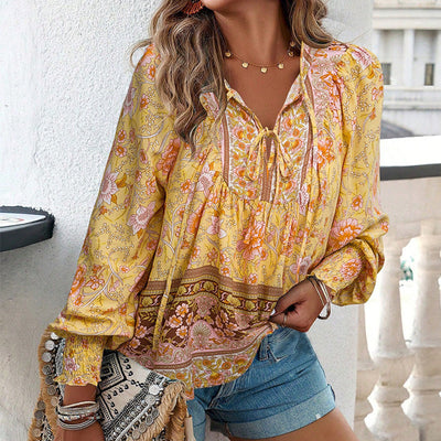Women's V-Neck Long Sleeve Shirt Stylish Printed Fashion Top
