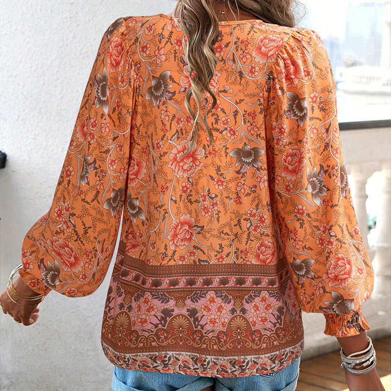 Women's V Neck Long Sleeve Shirt Printed Stylish Fashion Top