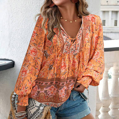 Women's V Neck Long Sleeve Shirt Printed Stylish Fashion Top