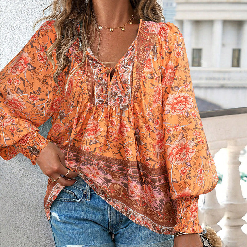 Women's V Neck Long Sleeve Shirt Printed Stylish Fashion Top