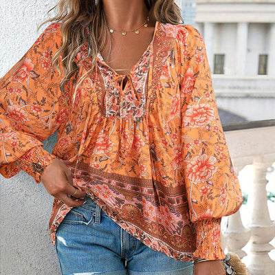 Women's V-Neck Long Sleeve Shirt Stylish Printed Fashion Top