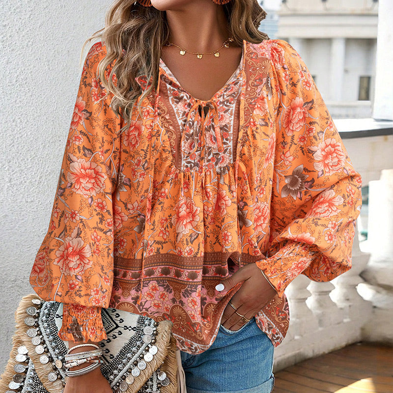 Women's V Neck Long Sleeve Shirt Printed Stylish Fashion Top