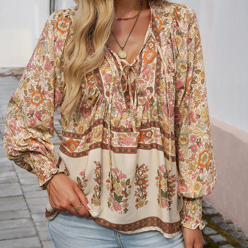 Women's V Neck Long Sleeve Shirt Printed Stylish Fashion Top
