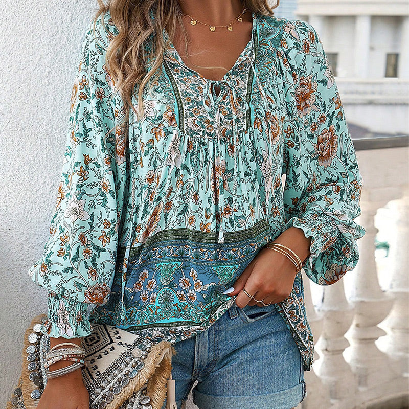 Women's V Neck Long Sleeve Shirt Printed Stylish Fashion Top