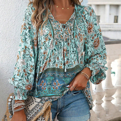Women's V Neck Long Sleeve Shirt Printed Stylish Fashion Top