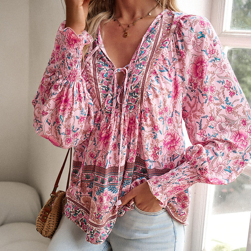 Women's V-Neck Long Sleeve Shirt Stylish Printed Fashion Top