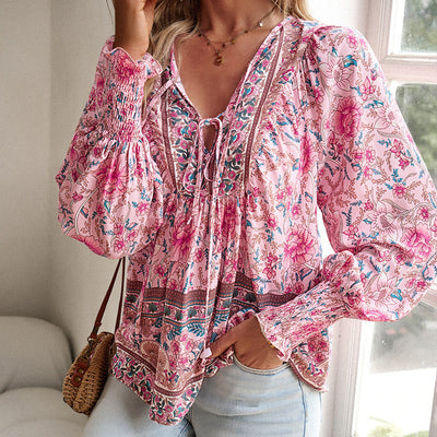 Women's V-Neck Long Sleeve Shirt Stylish Printed Fashion Top