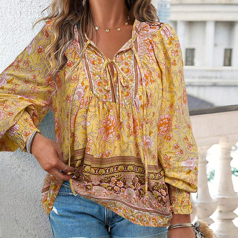 Women's V Neck Long Sleeve Shirt Printed Stylish Fashion Top