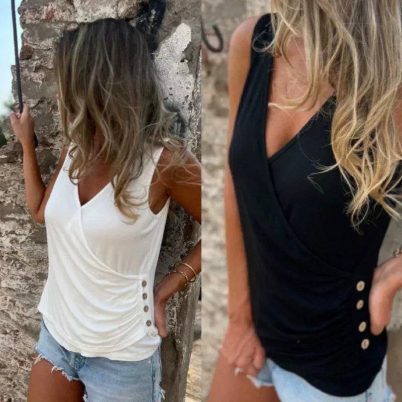 Button Cross V Neck Tank Top Elegant Fit Stylish Summer Essential