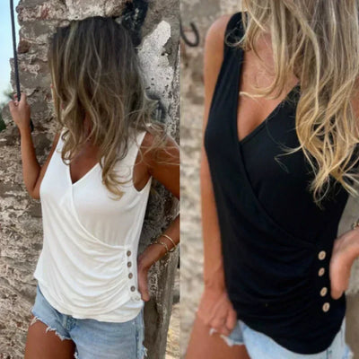 Button Cross V Neck Tank Top Elegant Fit Stylish Summer Essential