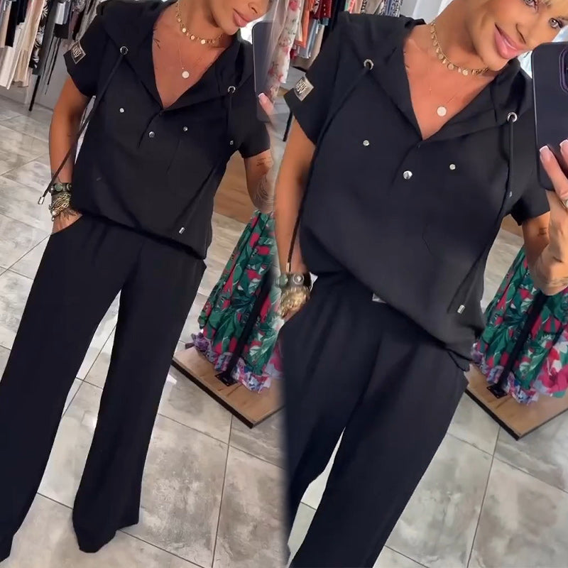 Hooded Two-Piece Set V-Neck Short Sleeve Tops And Pants