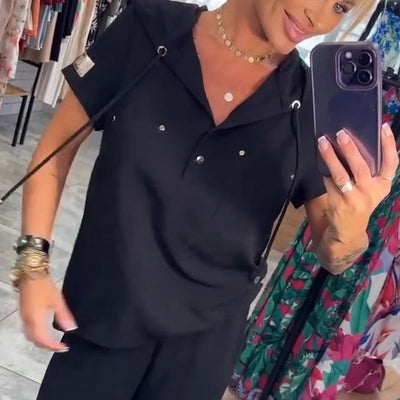 Hooded Two-Piece Set V-Neck Short Sleeve Tops And Pants
